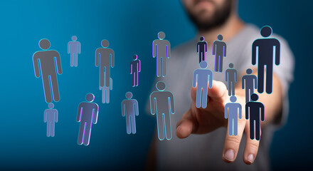 Abstract image of hand interacting with a collection of people icons, conveying human connection, teamwork and
