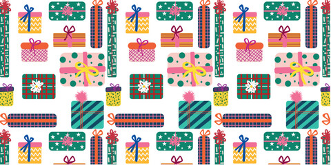 Seamless Christmas gift pattern featuring colorful wrapped presents, ribbons, bows, and festive decorations. Bright hand-drawn vector design perfect for wrapping paper, textile prints, backgrounds