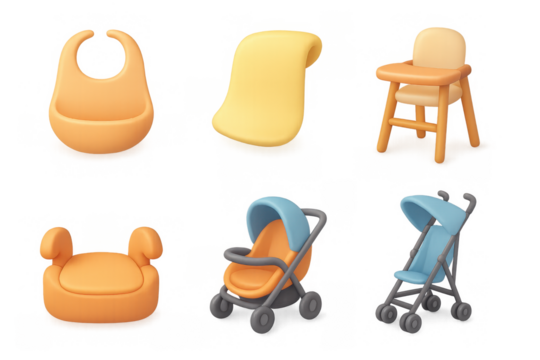 Baby gear icons collection for design: stroller, high chair, bib, car seat, towel