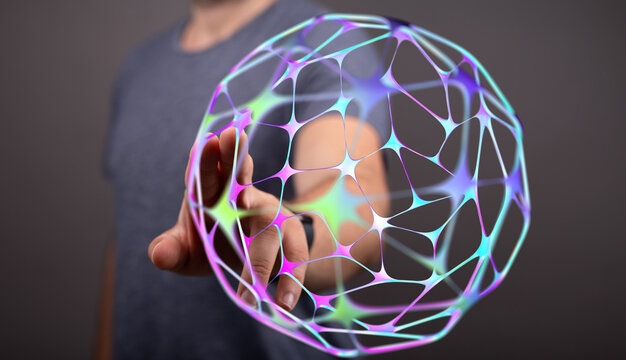 Abstract image of a person touching a glowing digital sphere. The modern technology concept represents data, connection, and networks