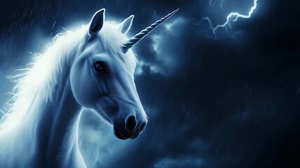 Majestic unicorn under stormy skies with dramatic lightning and dark clouds