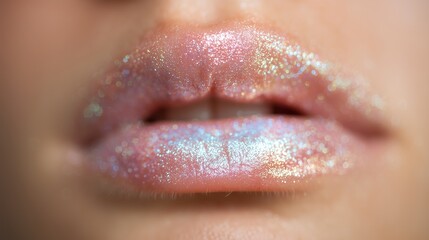 Sparkling glossy lips with iridescent shimmer in close-up shot