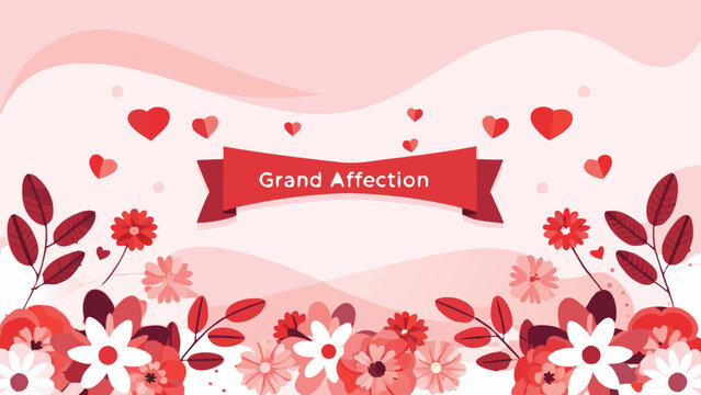 A soft pink background with a red ribbon banner that reads grand affection surrounded by blooming flowers and scattered hearts creating a romantic and affectionate scene - Powered by Adobe