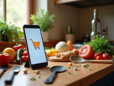 Tel&eacute;fono inteligente con icono de carrito de compras en la cocina rodeado de alimentos en preparaci&oacute;n