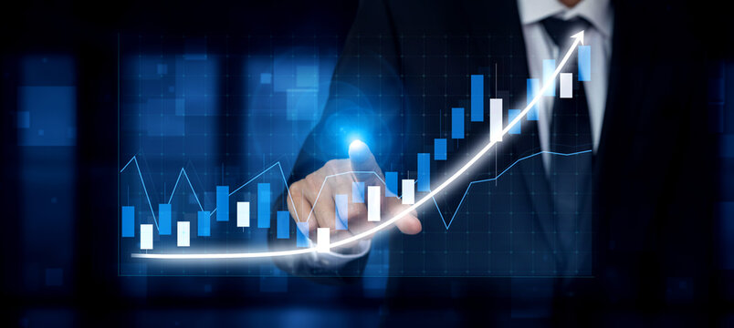 A business professional interacts with a digital stock market chart, depicting financial growth and trends. The image showcases contemporary technology in analysis. Impute