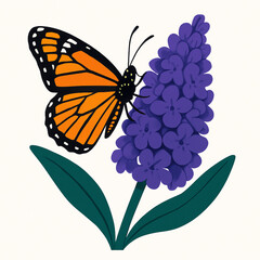 Minimalist and vibrant vector collection of different butterfly species sitting on spring and summer flowers. Flat design for digital projects, greeting cards, and nature-themed graphics.