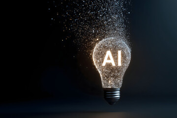 A luminous light bulb made up of hundreds of small glowing particles merging into one bright shape. Inside the bulb, the glowing particles subtly form the letters "AI", symbolizing artificial intellig