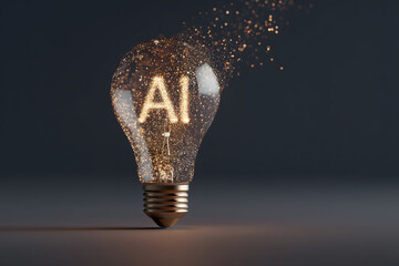 A luminous light bulb made up of hundreds of small glowing particles merging into one bright shape. Inside the bulb, the glowing particles subtly form the letters "AI", symbolizing artificial intellig