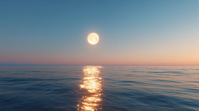Bright full moon reflecting on calm ocean waters during twilight hours