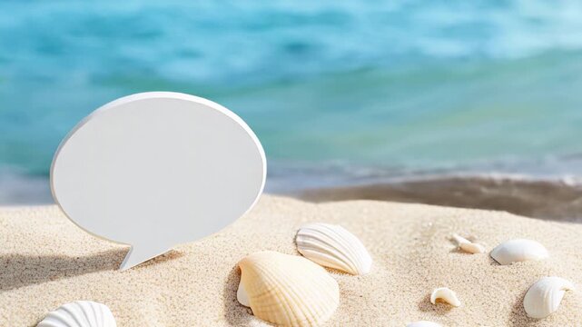 Speech bubble on sandy beach with seashells and ocean waves