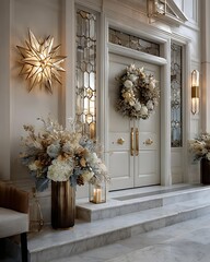 Luxury hall entrance decorated with Christmas wreath and gold accents Modern Luxury Christmas Interior Classic and Traditional Luxury Christmas Decor