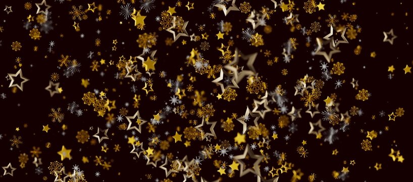 Abstract festive background with gold stars and snowflakes floating against a dark backdrop. Ideal for Christmas, New Ye - Powered by Adobe