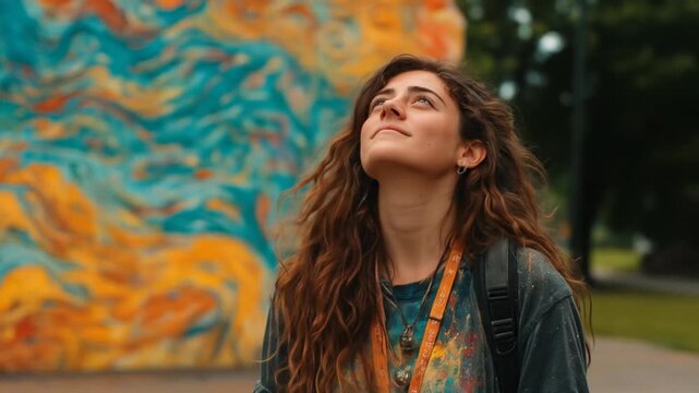 Woman Gazing Upward at Colorful Mural in Artistic Expression.