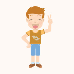 Vector illustration of a cute cartoon boy smiling cheerfully and making a V-sign (peace or victory) gesture with his fingers