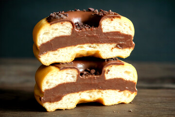 Stacked Chocolate Filled Donut Halves with Rich Creamy Center on Dark Background