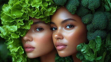 Two smiling women playfully wearing broccoli leaves on their heads. A whimsical and lighthearted portrait perfect for food, humor, or celebration themes.