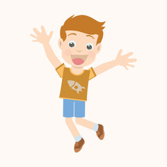 Happy cartoon boy jumping up with spread arms and a big smile. Happiness and energy concept