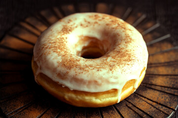 Cinnamon Dusted Donut with White Glaze on Rustic Dark Background