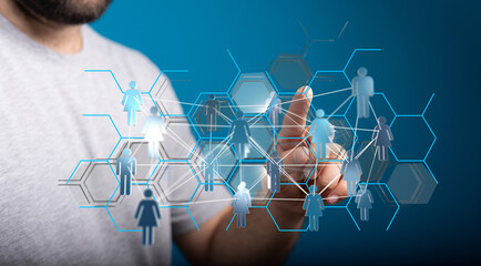 Abstract concept of digital human network touching on technology, innovation and connectivity of people in the