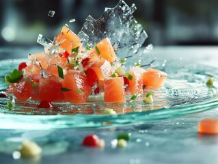 Slices of salmon with ice cubes on a dark background.