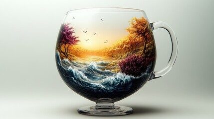 A serene landscape image featuring a glass mug filled with water, surrounded by lush trees and birds in flight, evoking a sense of tranquility and nature.