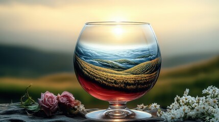 A captivating still life featuring a glass of red wine, with a stunning landscape reflected within its depths. Evokes a sense of serenity and appreciation for nature's beauty.