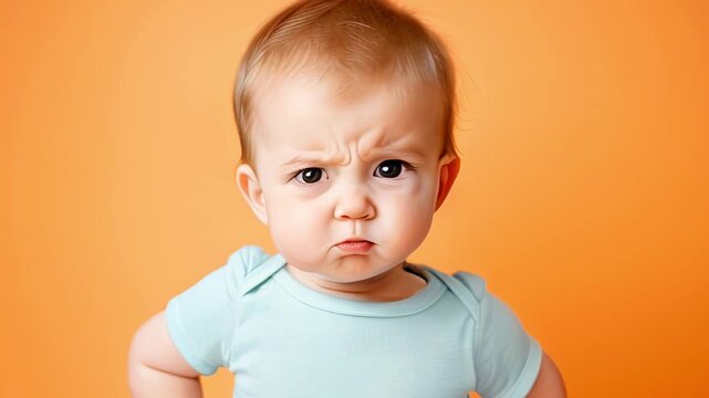 Adorable grumpy baby with comical expression against orange background