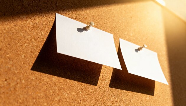 Two blank white paper notes pinned on a cork bulletin board. Empty memo with copy space for text in warm sunlight with strong shadows