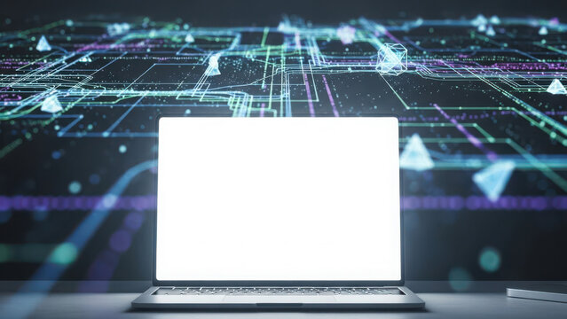 Futuristic laptop displaying digital network data - Powered by Adobe