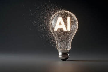 A luminous light bulb made up of hundreds of small glowing particles merging into one bright shape. Inside the bulb, the glowing particles subtly form the letters "AI", symbolizing artificial intellig