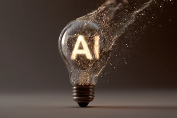 A luminous light bulb made up of hundreds of small glowing particles merging into one bright shape. Inside the bulb, the glowing particles subtly form the letters "AI", symbolizing artificial intellig