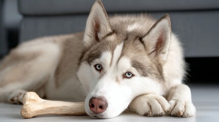 Obraz premium A relaxed husky enjoys chewing on a natural bone, lying comfortably in a stylish, minimalist apartment with soft lighting