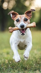 A small terrier dashes through a bright park, holding a rubber bone, embodying joy and energy in the warm sunlight