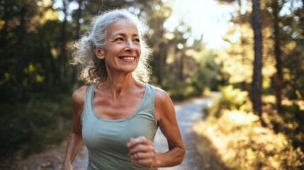 A senior woman enjoys a morning run, moving gracefully through sunlit trees while wearing comfortable olive activewear