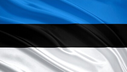 Estonian flag with horizontal stripes of blue, black, and white, slightly wrinkled fabric texture.