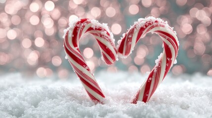 Cinematic close-up of two peppermint candy canes forming a heart shape in soft snow, creating a romantic winter atmosphere with warm bokeh glow
