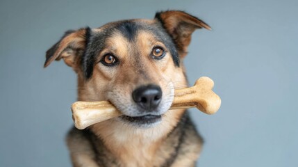 A playful shepherd-type dog is joyfully holding a bone, showcasing its bright eyes and friendly demeanor in soft focus