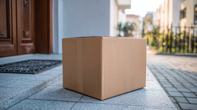 Cardboard delivery box placed on doorstep, showcasing logistics and package delivery concept with copy space - Powered by Adobe