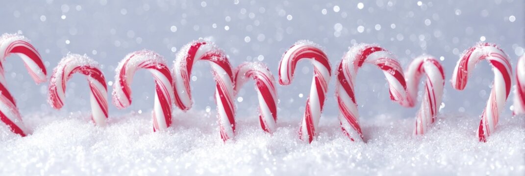 Glossy red and white candy canes arranged in a festive line on frosted snow, with sparkling confetti and cool winter tones creating a holiday atmosphere