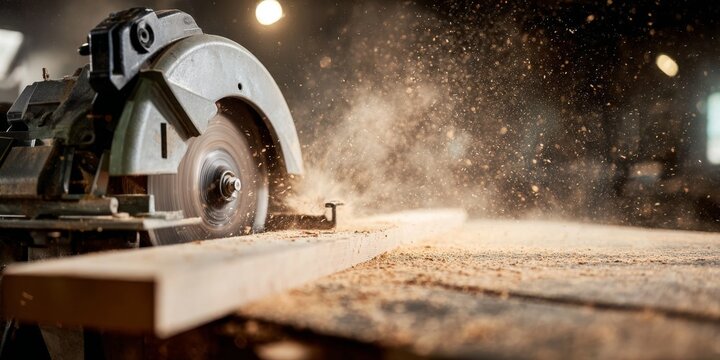 Circular saw cutting through a thick plank in a wood workshop, sawdust flying in the air, capturing the essence of woodworking craftsmanship