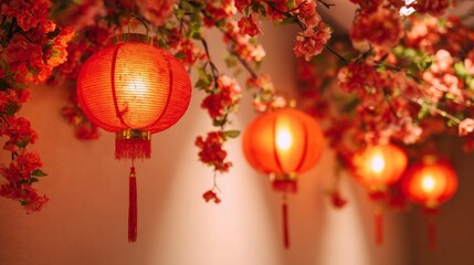 Red lanterns hang elegantly beside flowering branches, creating a warm festive look for celebrations and cultural events