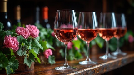 A beautiful still life featuring a row of rose wine glasses alongside pink roses and lush green foliage on a rustic wooden surface. Evokes a sense of luxury and springtime.