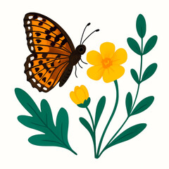Minimalist and vibrant vector collection of different butterfly species sitting on spring and summer flowers. Flat design for digital projects, greeting cards, and nature-themed graphics.