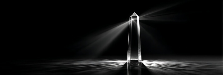 Mysterious crystal obelisk tower glowing in the dark with intense beams of white light reflecting and refracting through the transparent surface.