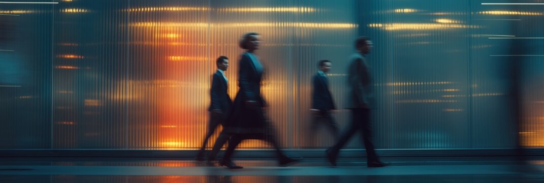 Business people in motion through corridor lined with light strips. Reflections on glass and steel surfaces - Powered by Adobe