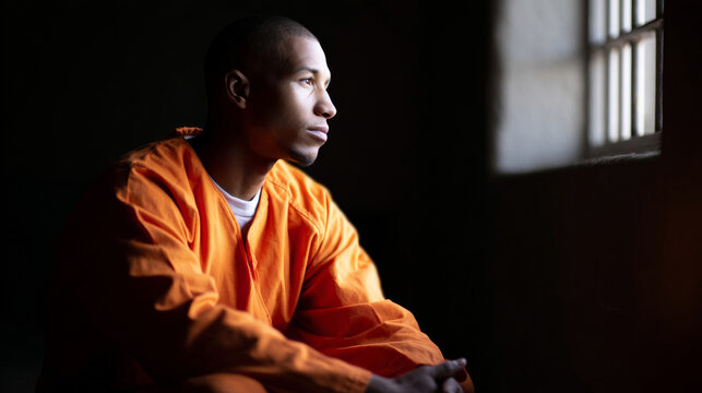 Thoughtful prisoner in orange jumpsuit gazes out of dim cell window, warm light creating contrast, reflecting on incarceration and confinement