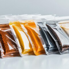 Plastic bags with different spices on a white background close up.