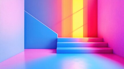 Abstract scene with stairs and neon light. 3d render illustration.