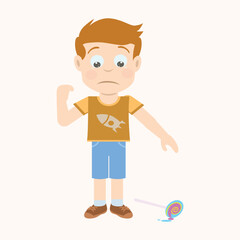 Cartoon boy looking down with a disappointed expression at a broken yo-yo toy on the ground. Sadness or failure concept