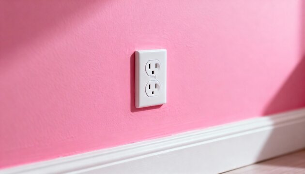 White duplex electrical outlet on a pink painted wall. Close-up of a power socket with a baseboard in a home interior. Electricity and renovation concept